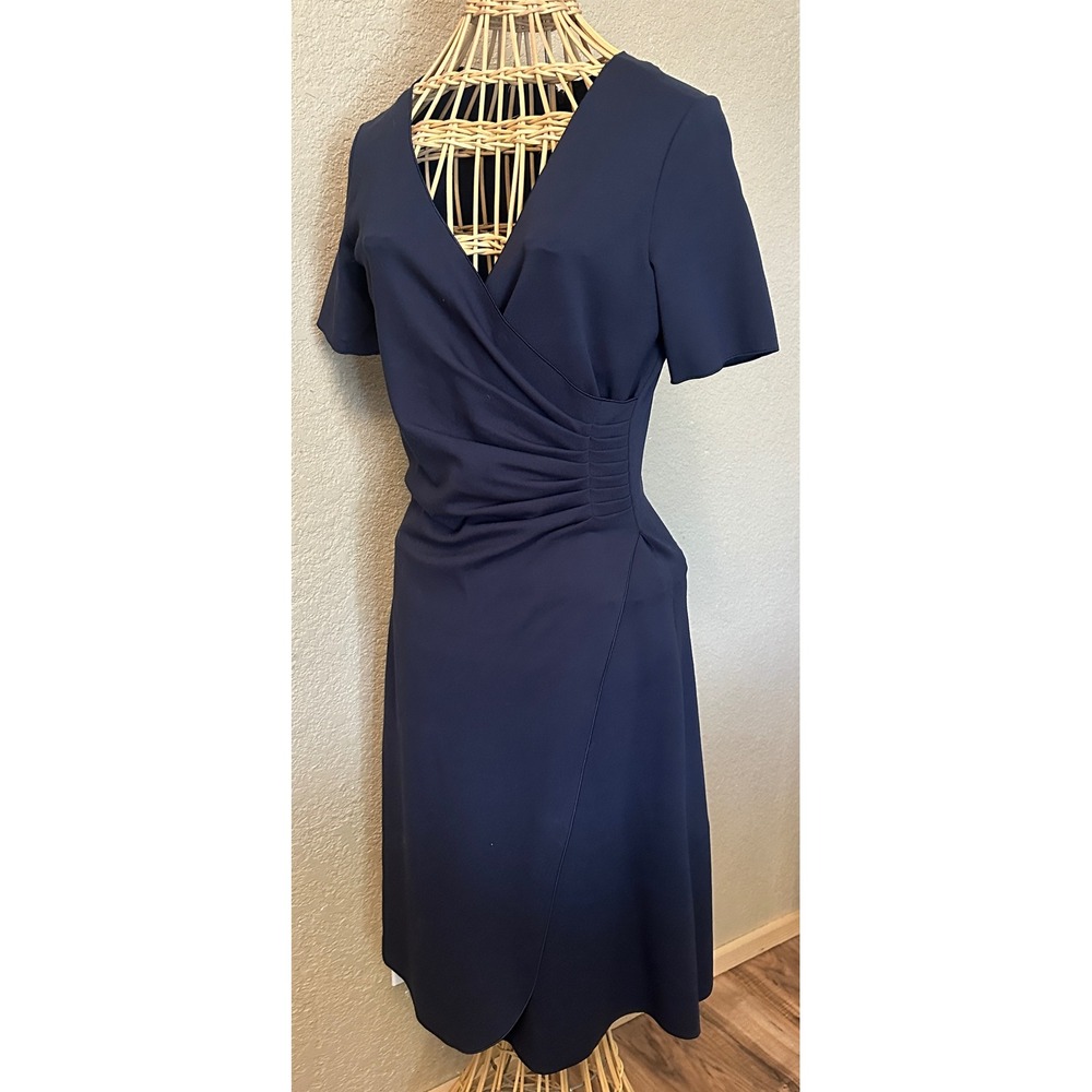 Armani Collezioni Navy Blue Faux Wrap Ruched Sheath Dress Made in Italy 4 Luxe - Picture 9 of 16